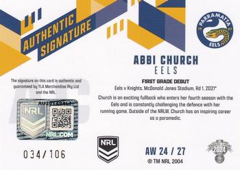 2024 NRL Traders Titanium - Authentic Signatures White #AW24 Abbi Church Back